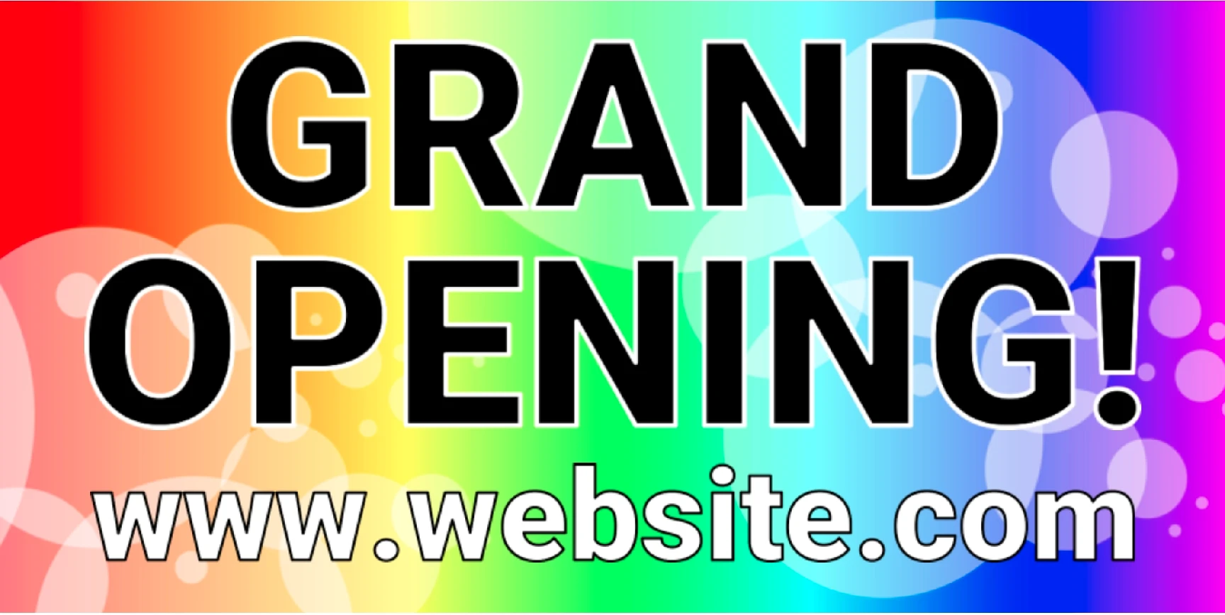 grand opening banner with rainbow and bubbly background