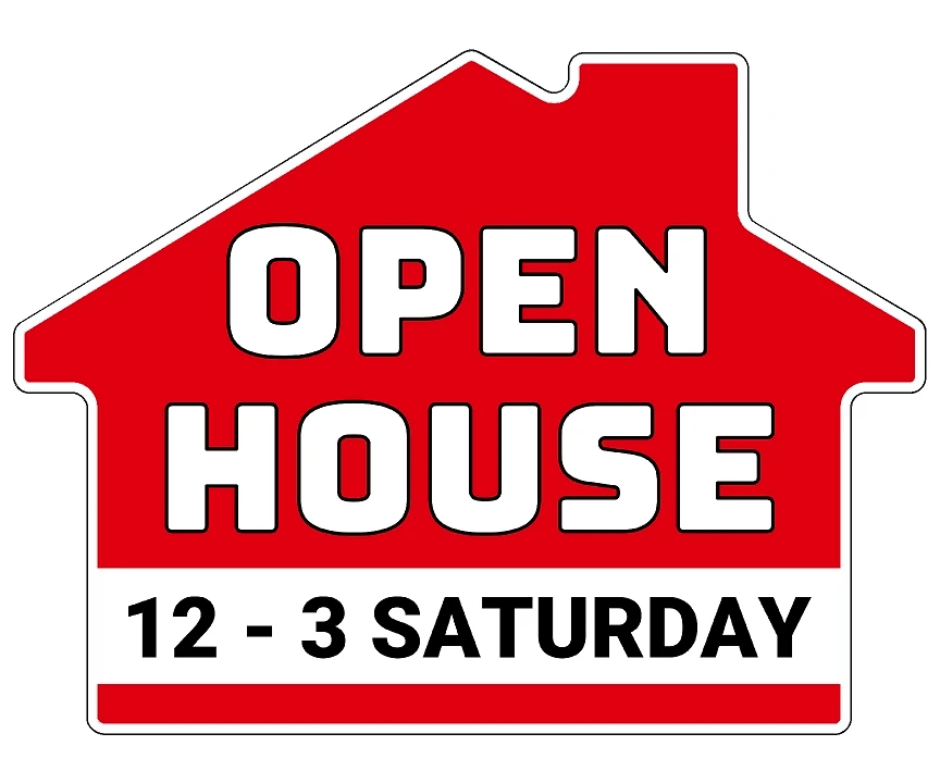 red house shape that says open house