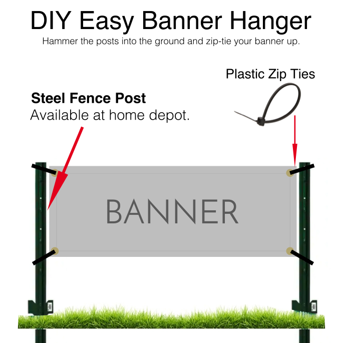 DIY banner hanging idea. Use fence posts bought at Home Depot and Zip ties to hold banner up. Hammer posts into ground for an easy banner stand.