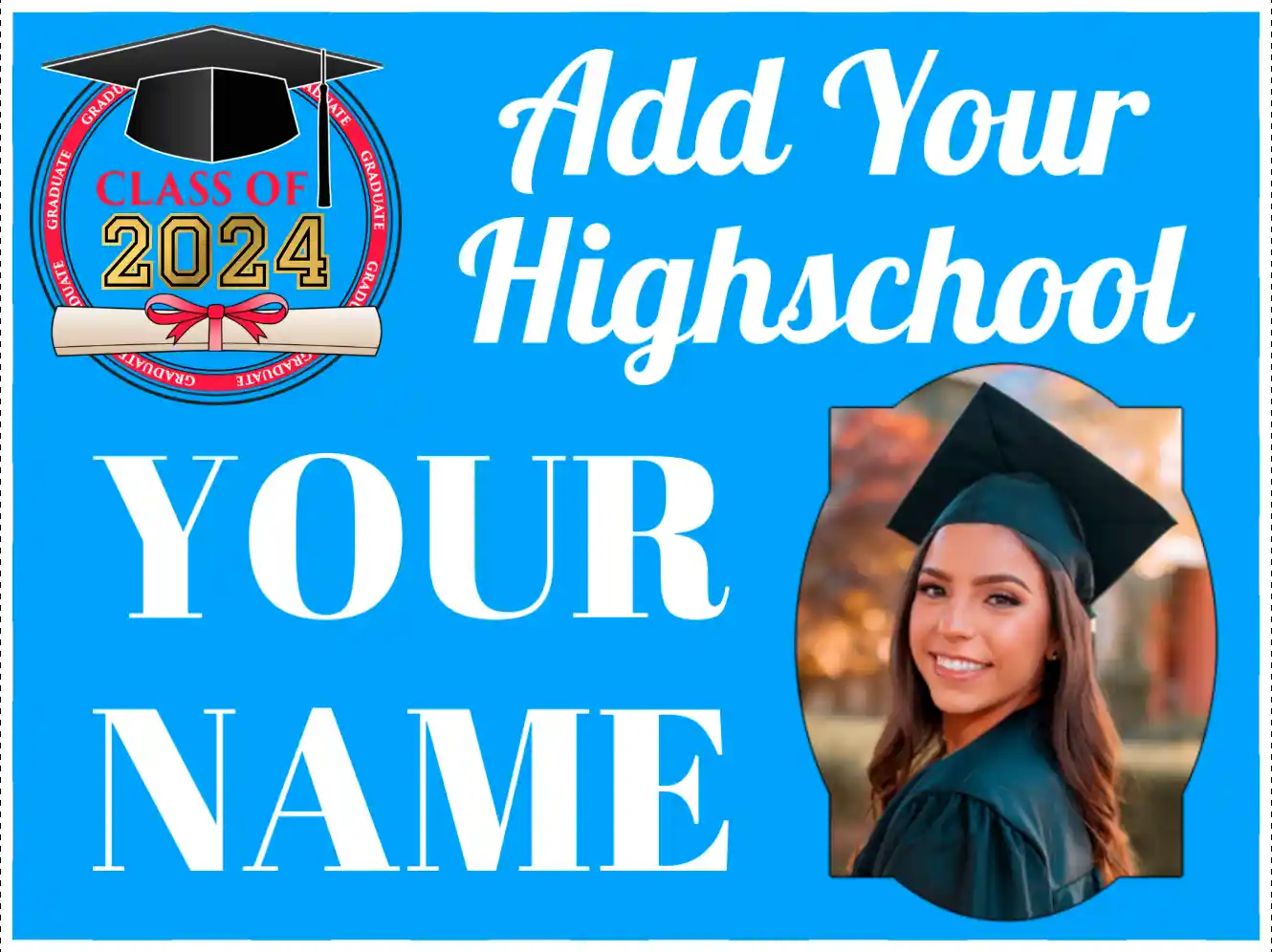 2024 blue graduation sign with name and photo