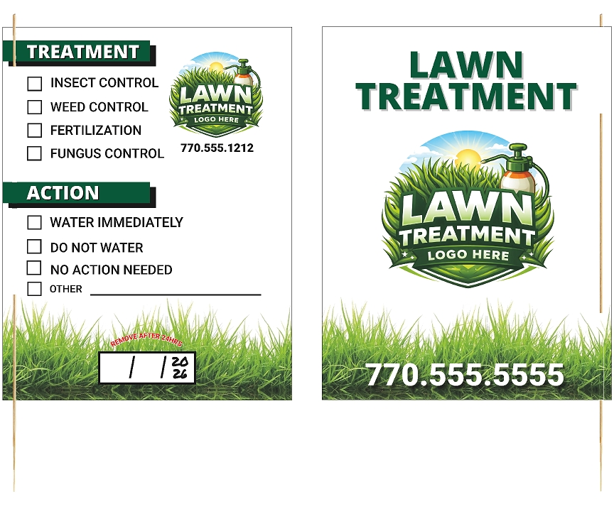 Custom lawn treatment sign with bamboo stake installed in green grass