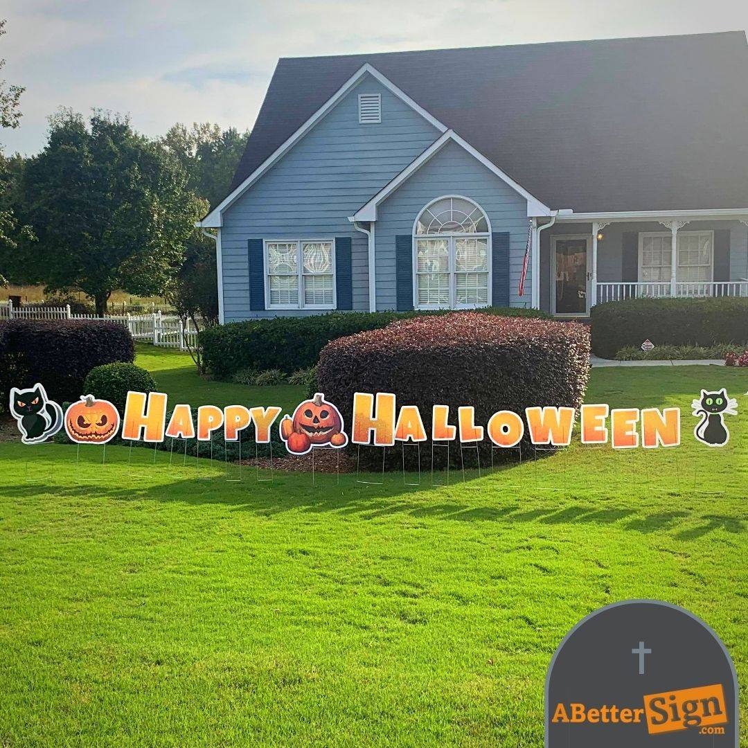 happy halloween spelled out in a lawn via partywords
