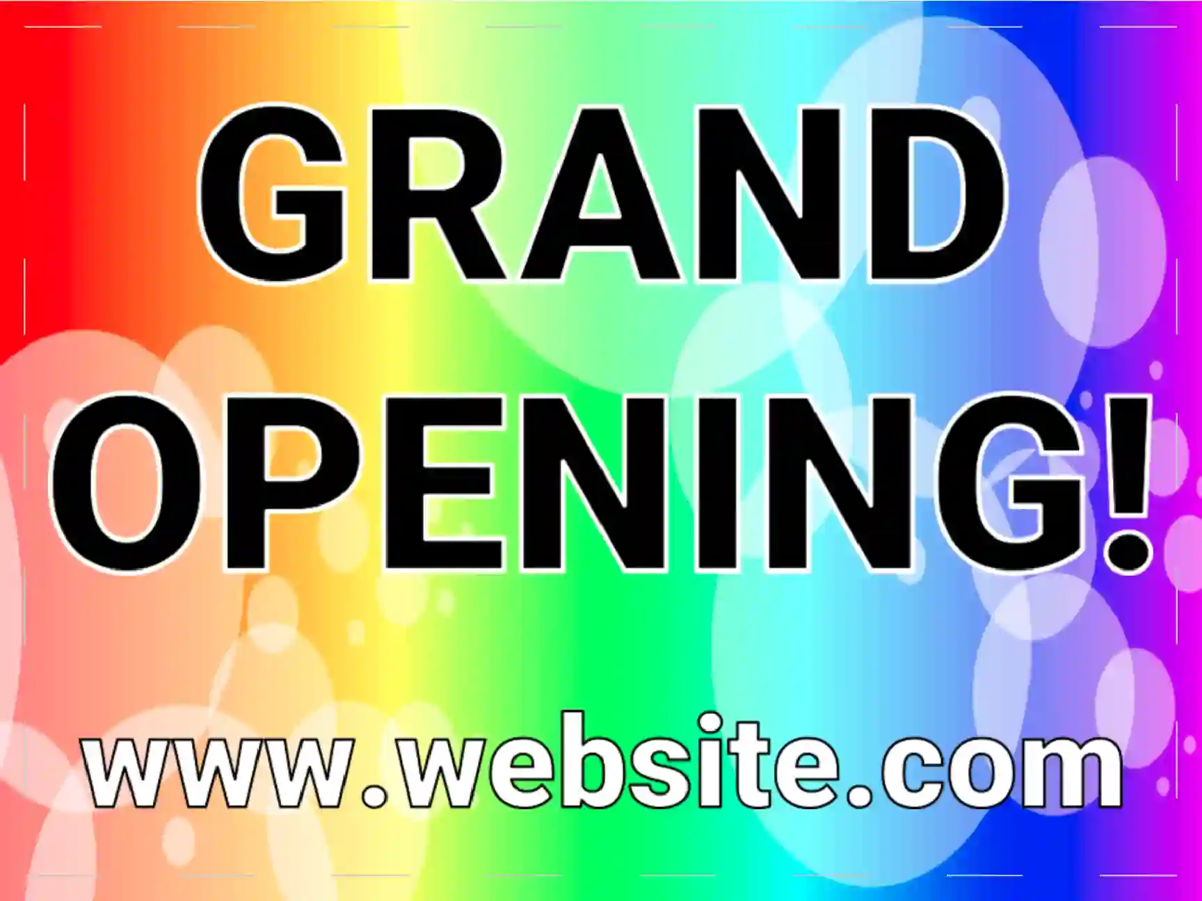 grand opening yard sign with rainbow and bubbly background