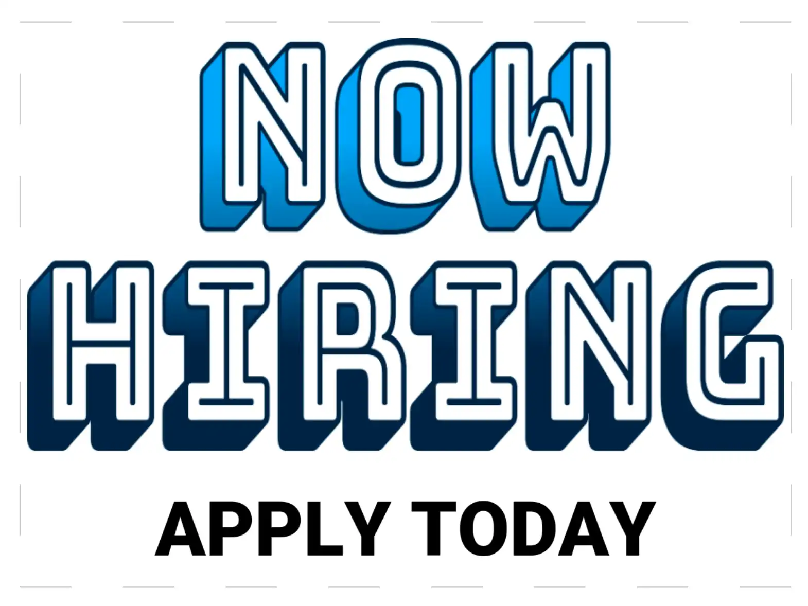 white yard sign with blue lettering that says now hiring apply today